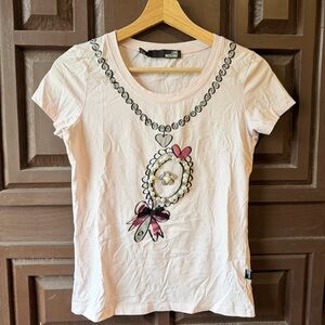 Love Moschino Baby Pink Short Sleeve Tee with Necklace Mirror Motif Bejeweled